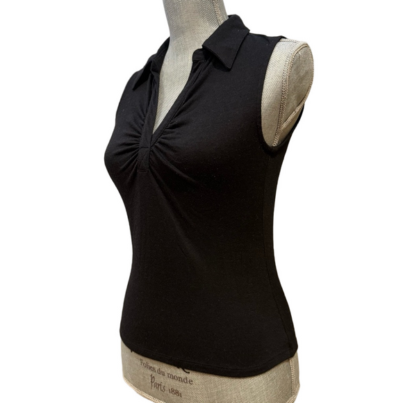 Liquid Tops - Vintage “Liquid” Black sleeveless collared top with ruched detail, Sz S